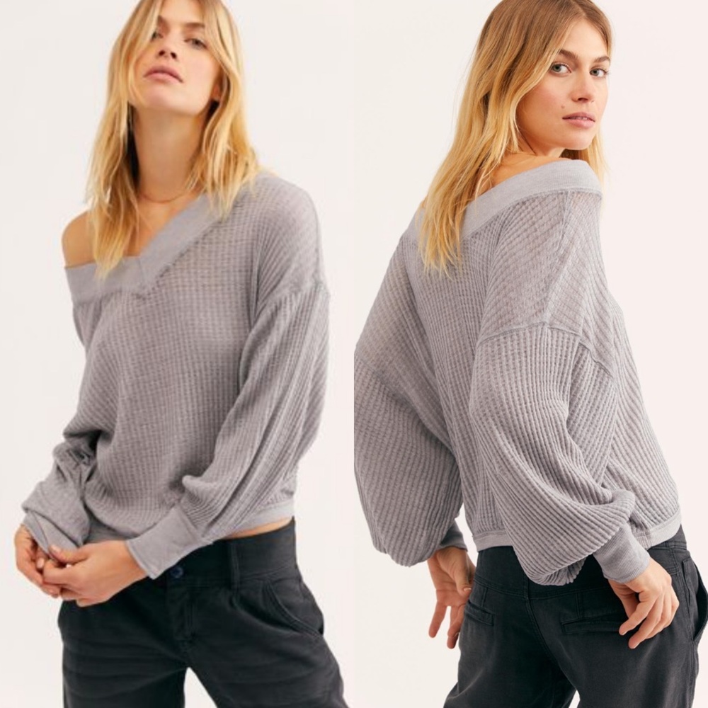 Free People Gray Light Waffle Knit Top
